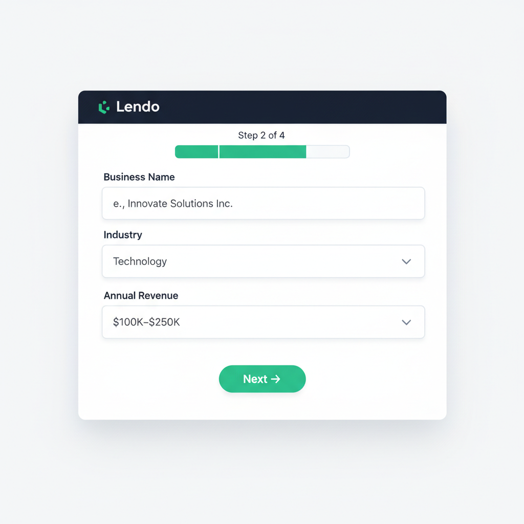 Lendo business loan application interface showing a multi-step form with loan type selection and business details